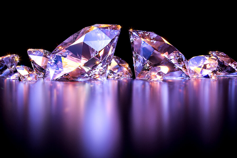 sparkling diamonds on dark purple background. 3d render