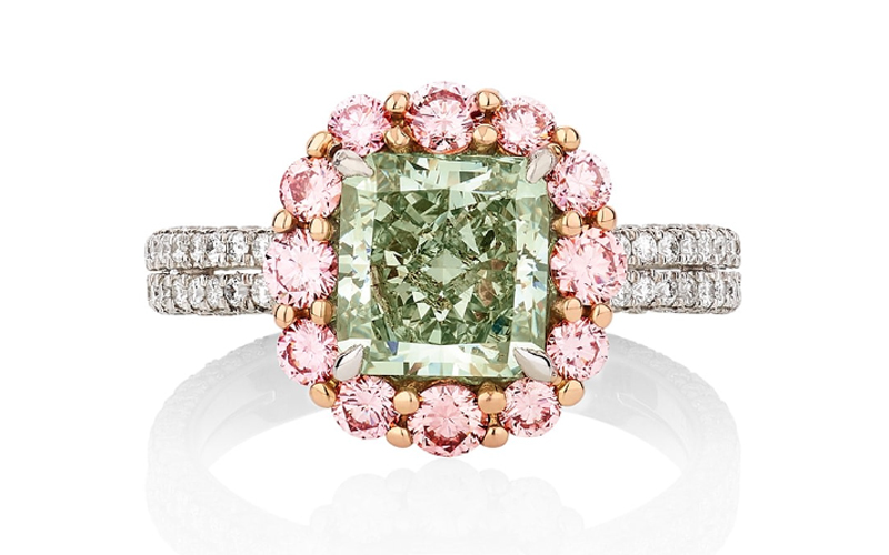 Fancy Intense Green diamond, diamond and pink sapphire ring