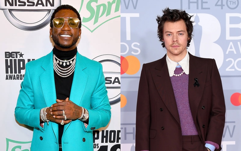 Gucci Mane and Harry Styles wearing pearls