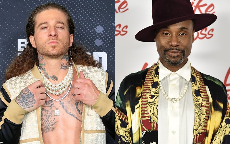 Micky Munday and Billy Porter wearing pearls