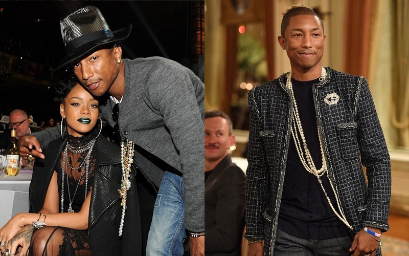 Pharrell Williams wearing pearls