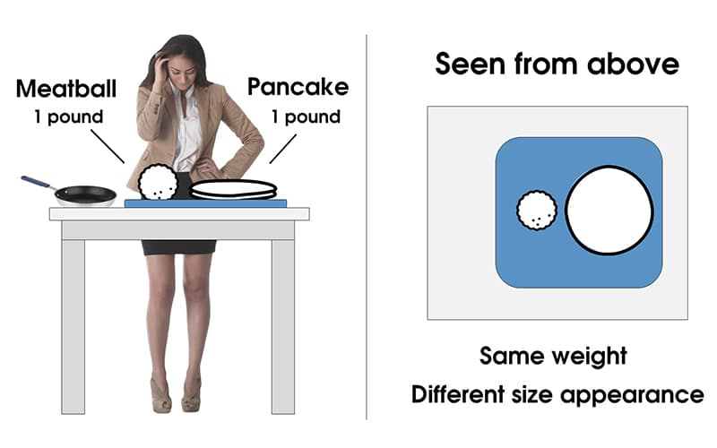 diagram showing the size appearance of a meatball and pancake of the same weight